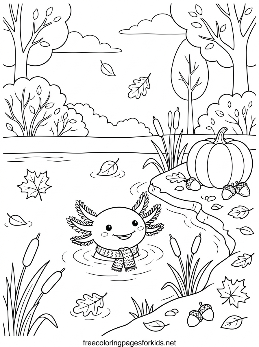 Axolotl at the Autumn Pond Coloring Page