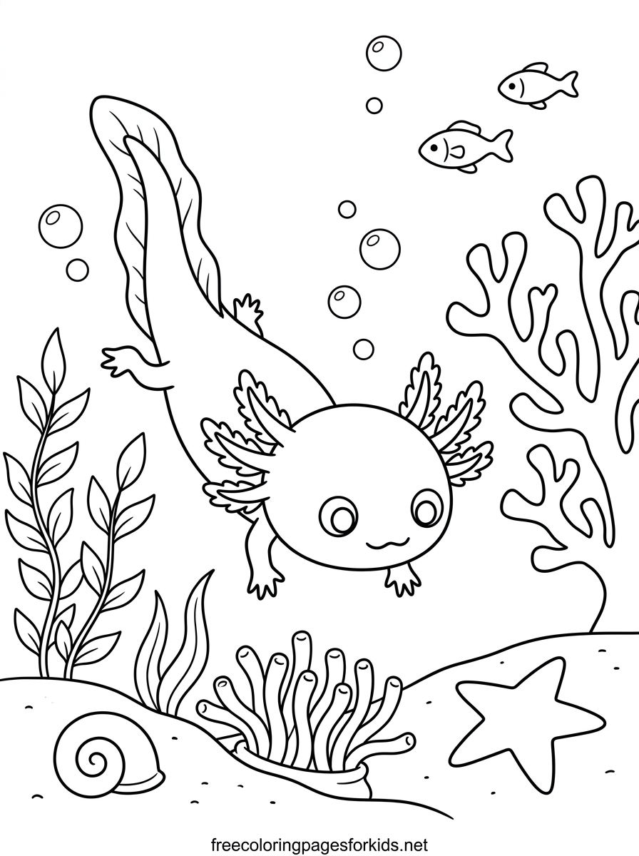 Axolotl Exploring the Coral Reef Coloring Page
