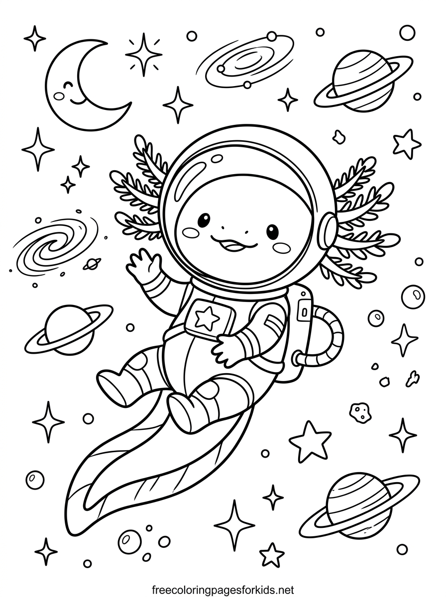 Axolotl Astronaut Floating Through Space Coloring Page