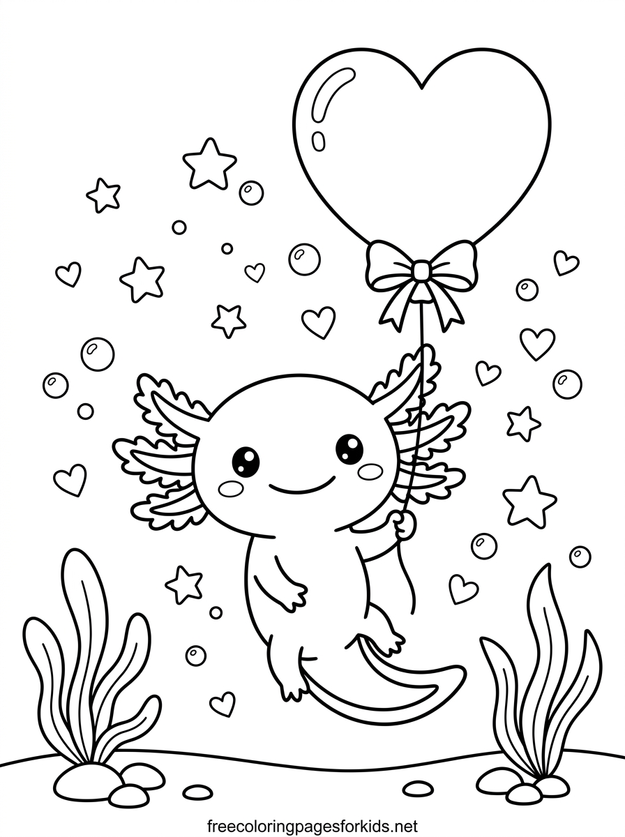 Axolotl Holding a Heart Balloon Coloring Page