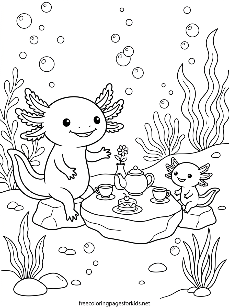 Axolotl Hosting a Tea Party Coloring Page