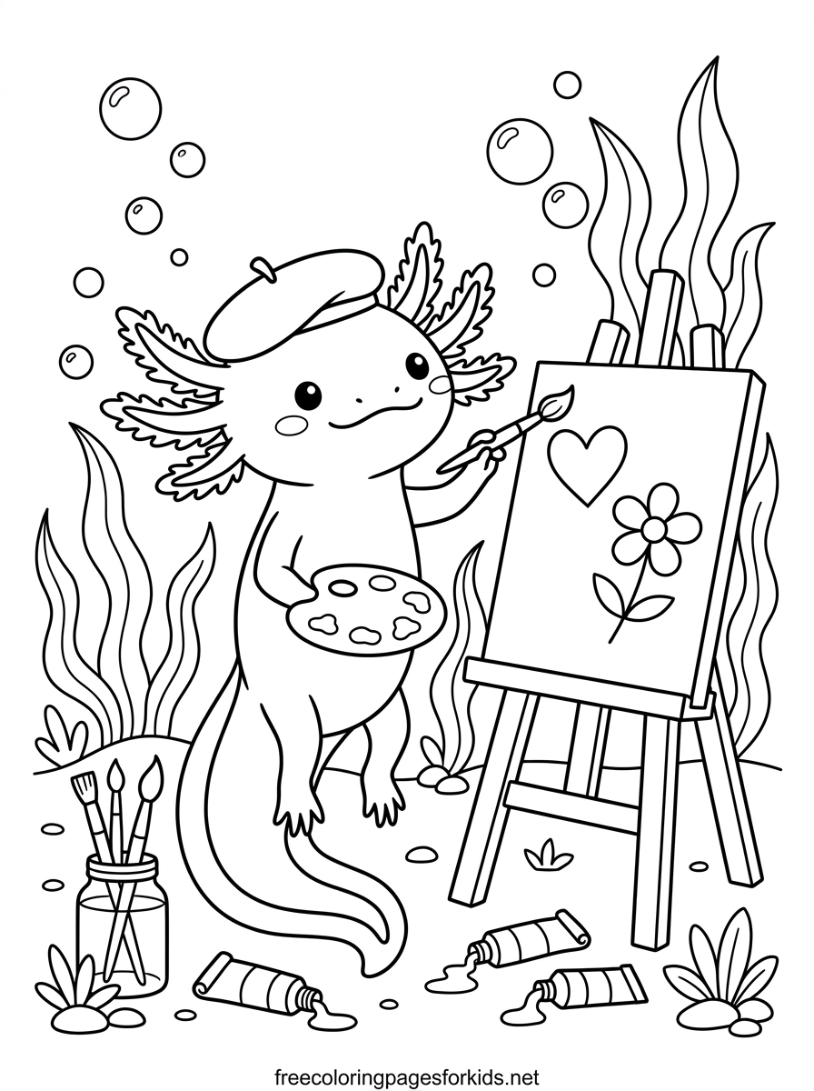 Axolotl Painting on a Canvas Coloring Page