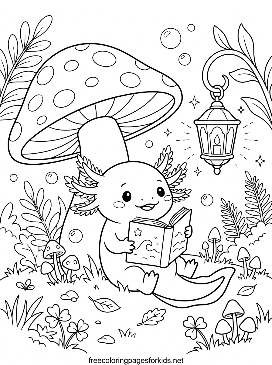 Axolotl Reading a Book Under a Mushroom Coloring Page