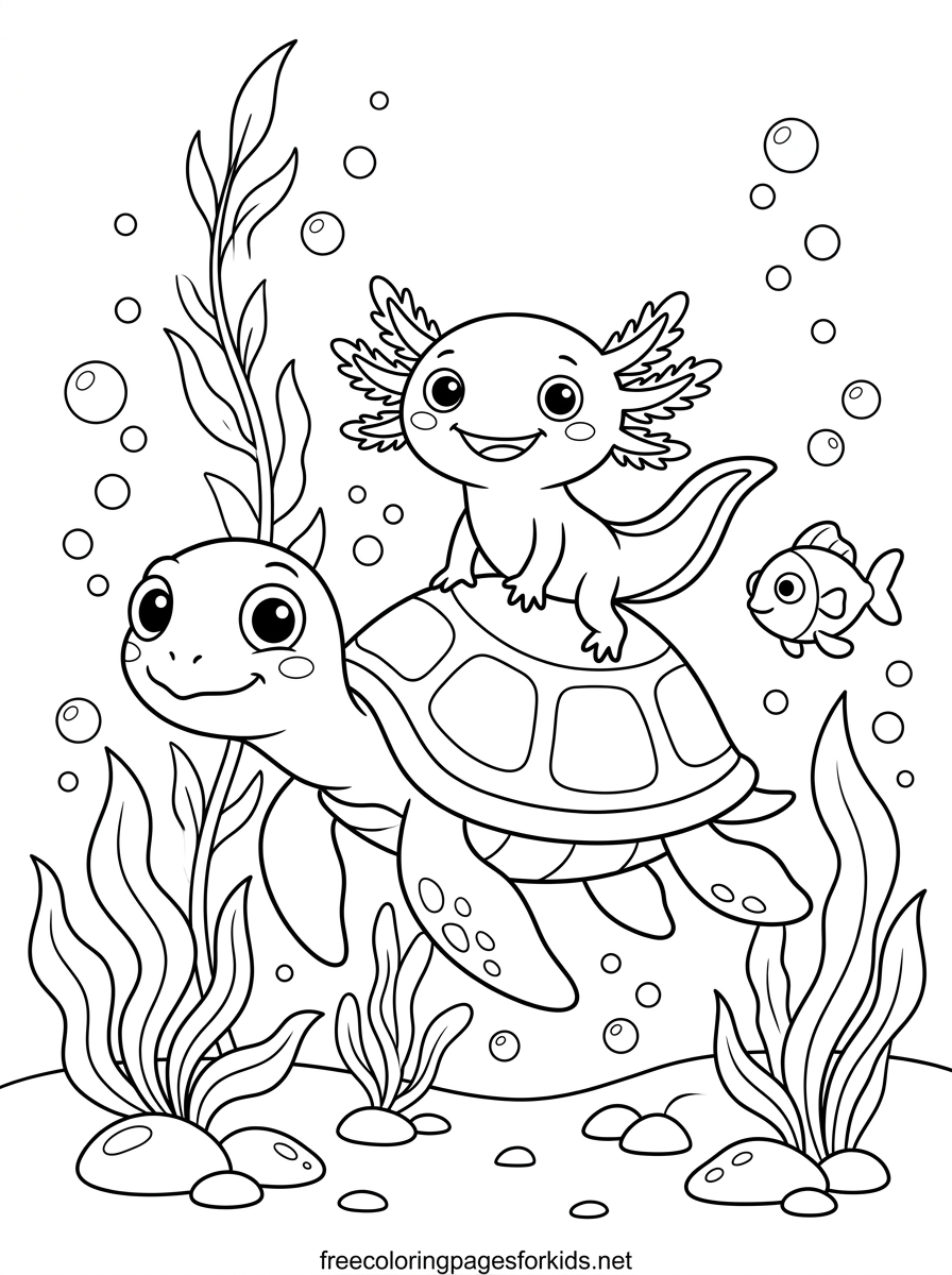 Axolotl Riding on a Turtle Coloring Page