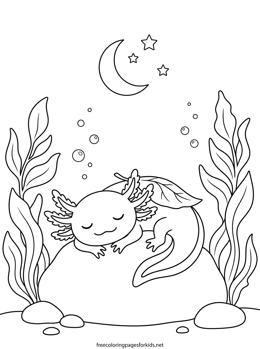 Axolotl Sleeping on a Rock Coloring Page