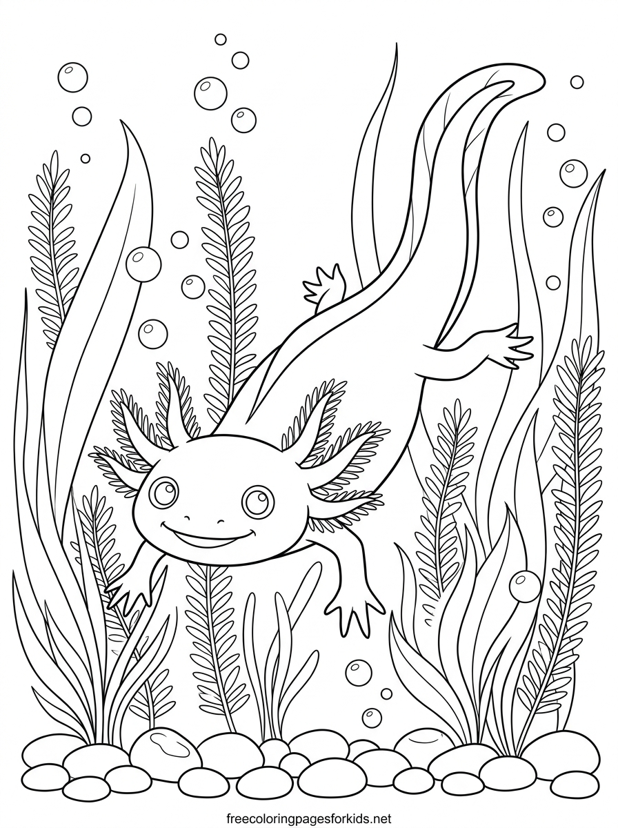 Axolotl Swimming Among Water Plants Coloring Page