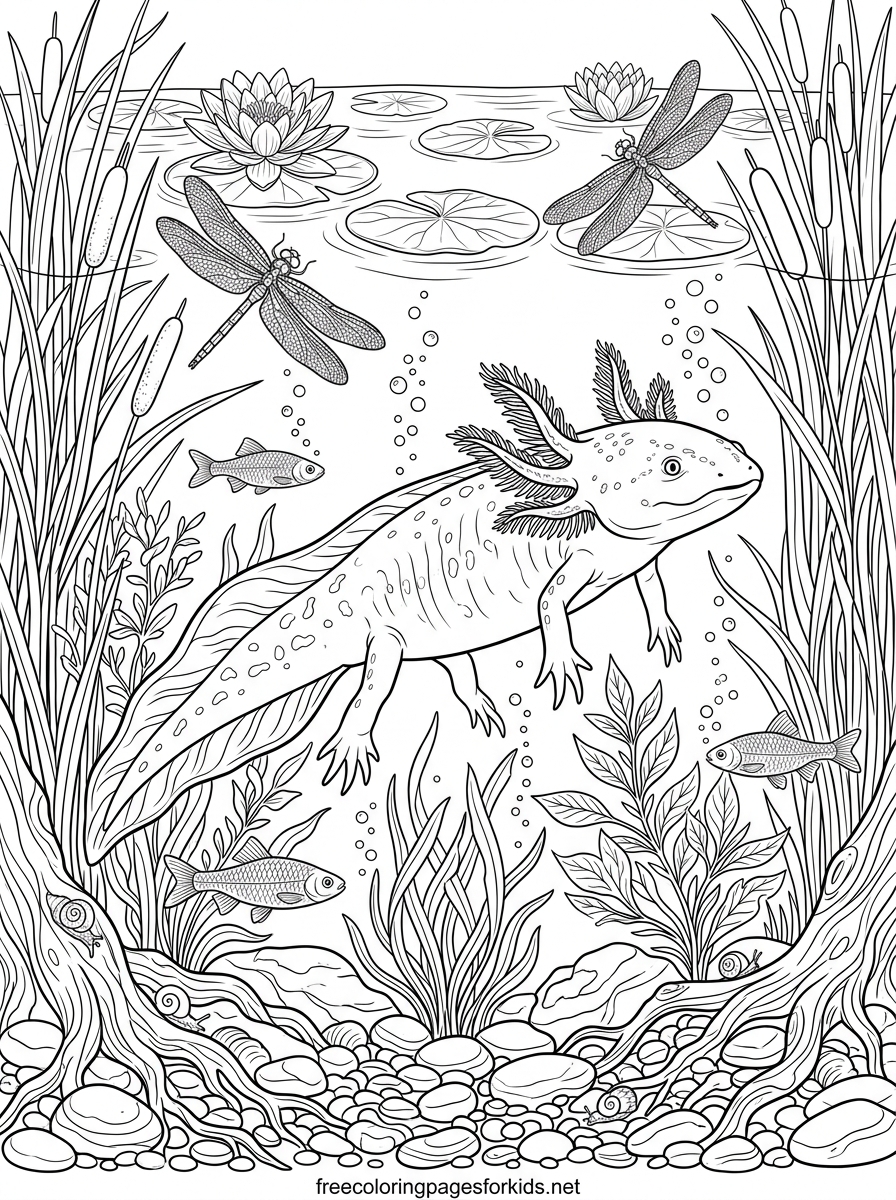 Axolotl Swimming in a River Scene Coloring Page