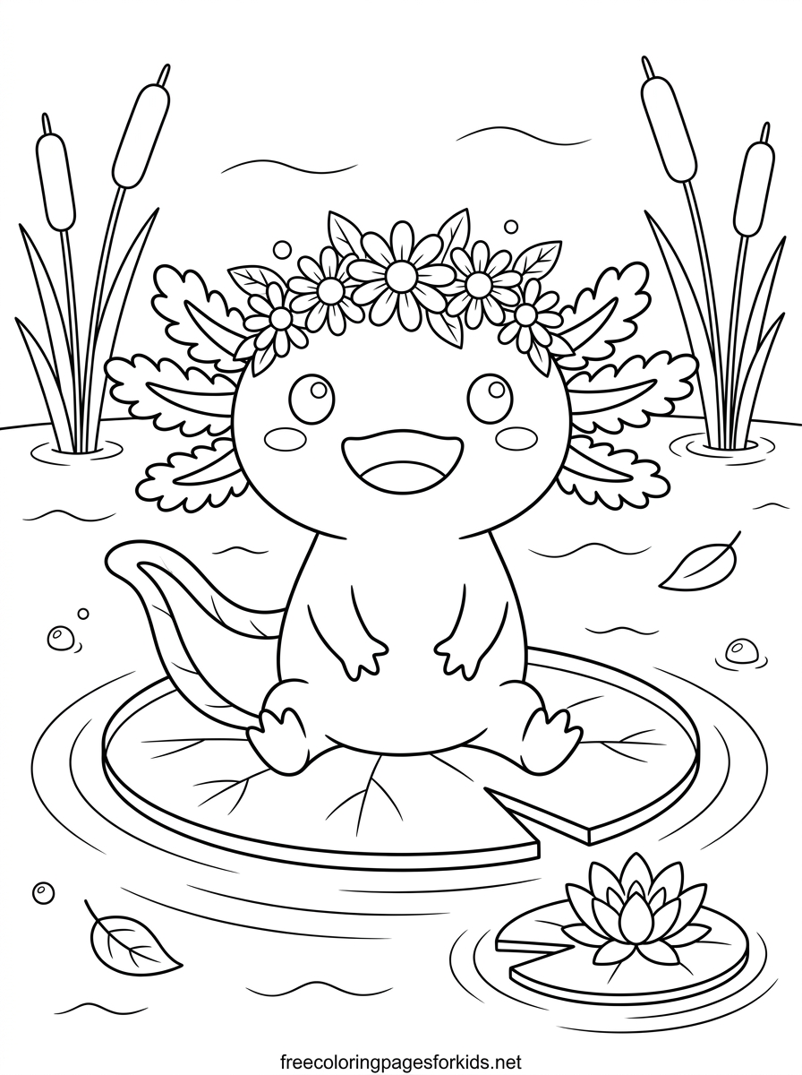 Axolotl Wearing a Flower Crown Coloring Page