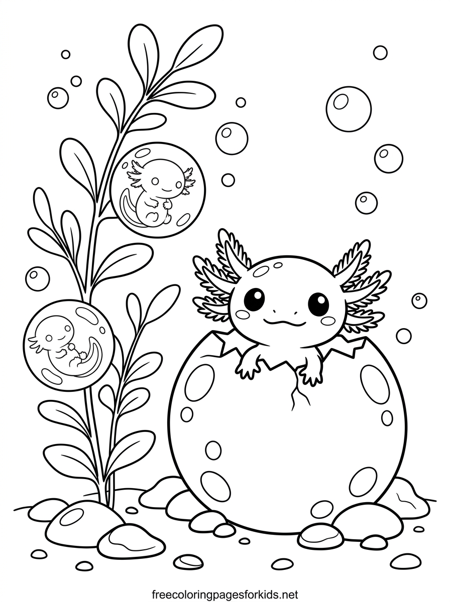 Baby Axolotl Hatching From an Egg Coloring Page