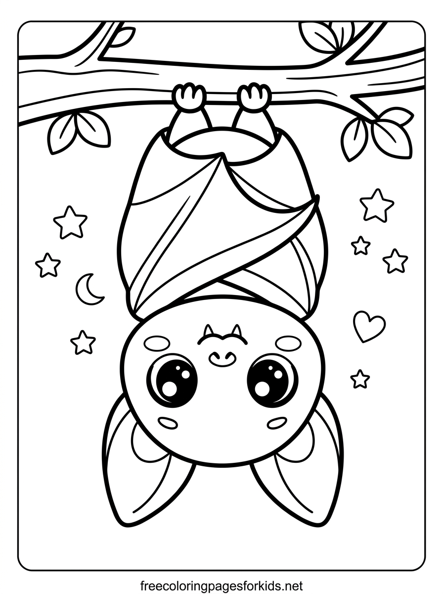 Baby Bat Hanging From a Branch Coloring Page