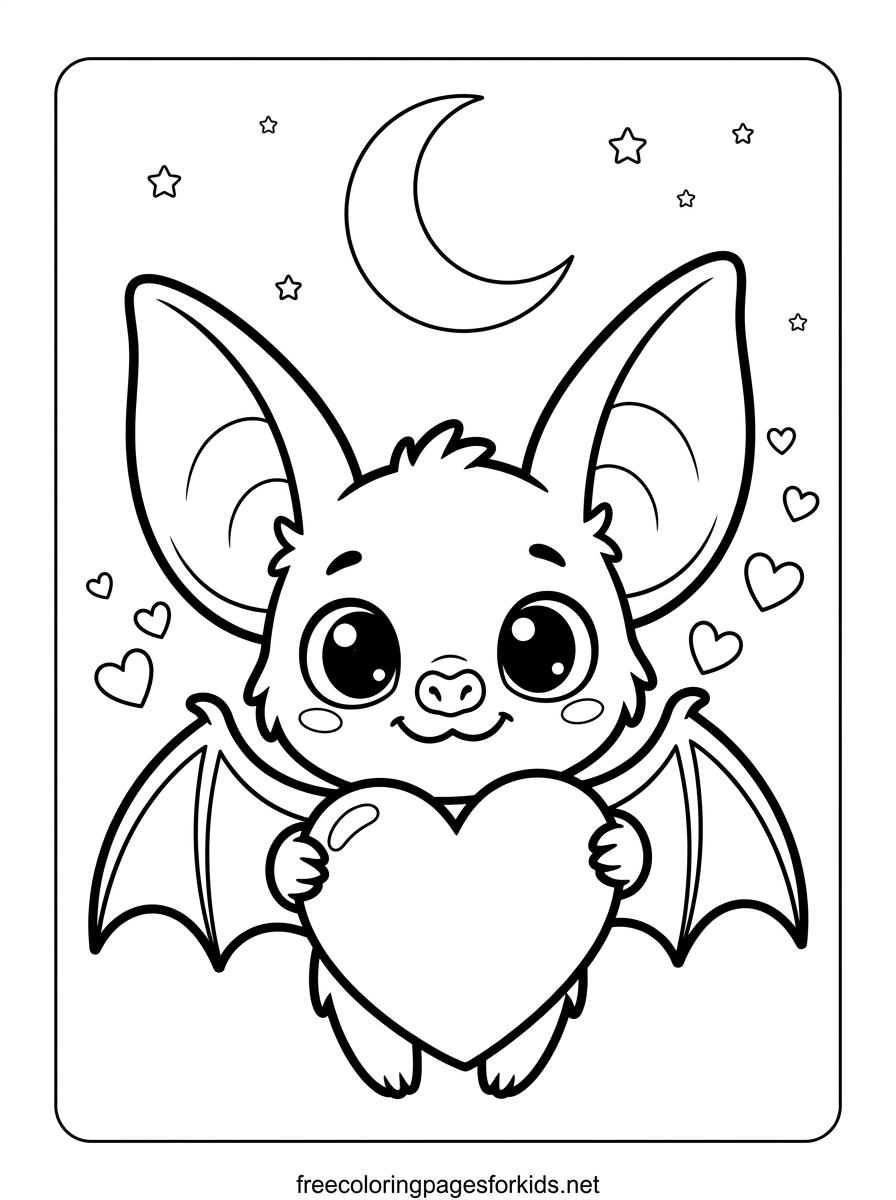 Baby Bat Holding a Heart Coloring Page