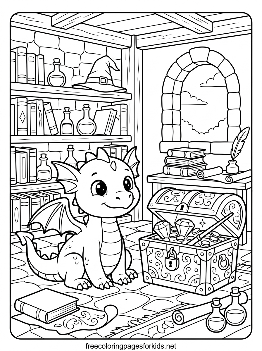 Baby Dragon in the Wizard’s Study Coloring Page