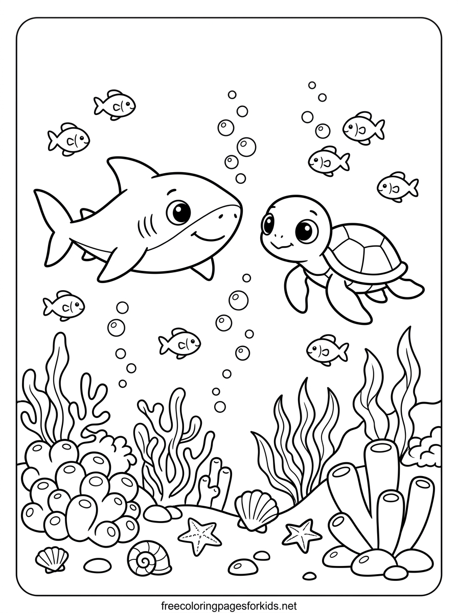 Baby Shark and Turtle Swimming Coloring Page
