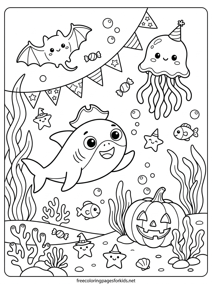 Baby Shark at a Halloween Party Coloring Page