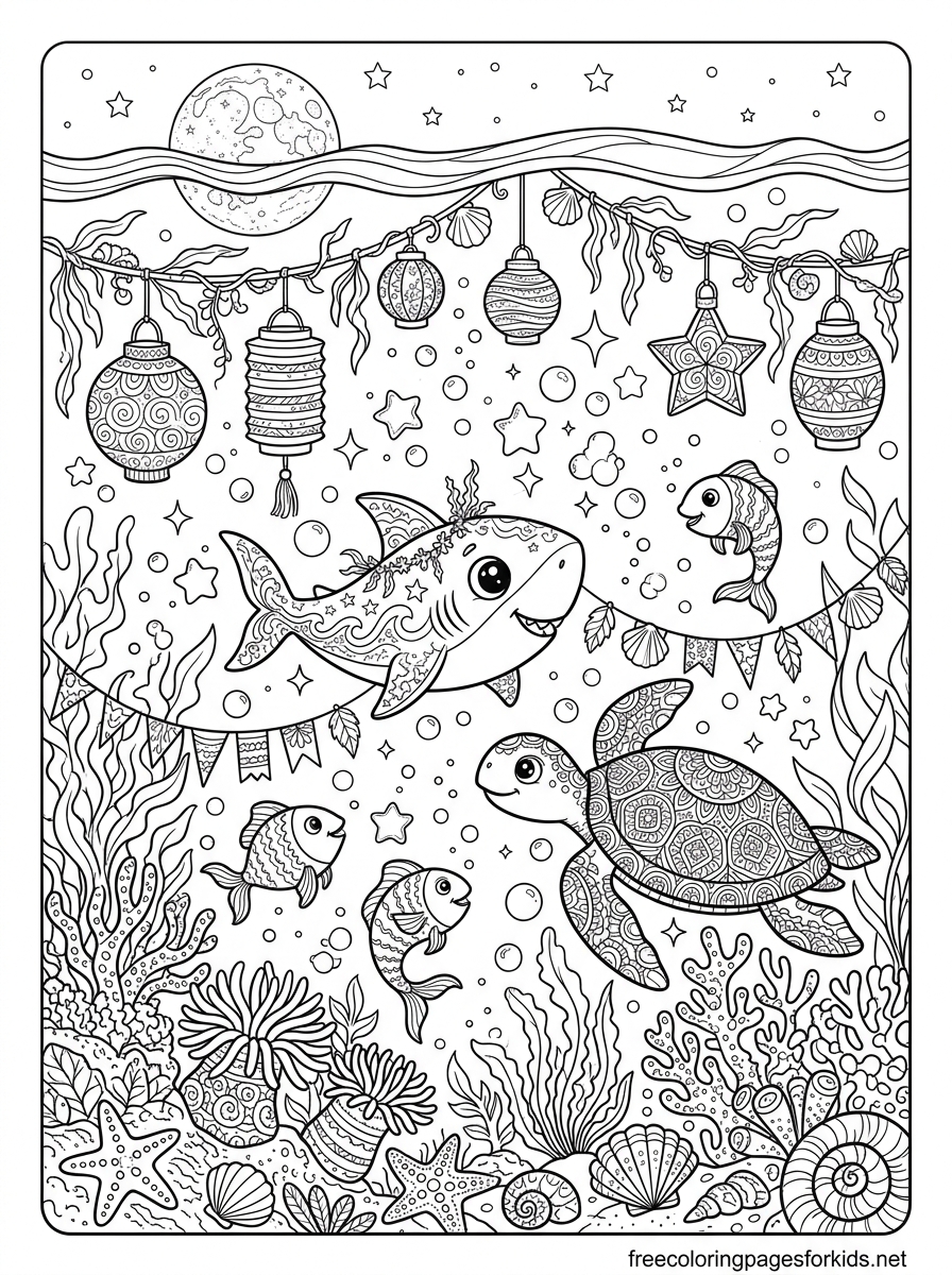 Baby Shark at an Underwater Festival Coloring Page