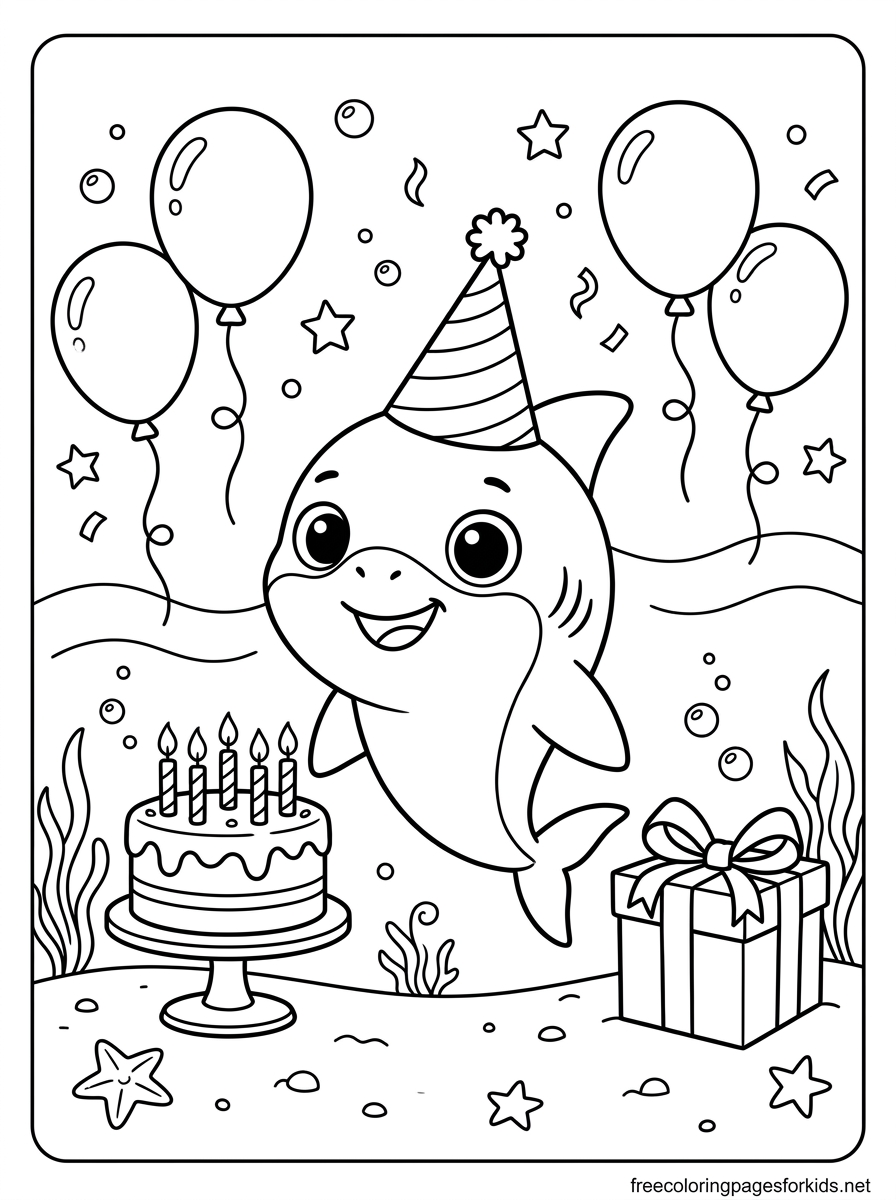 Baby Shark Celebrating a Birthday Coloring Page