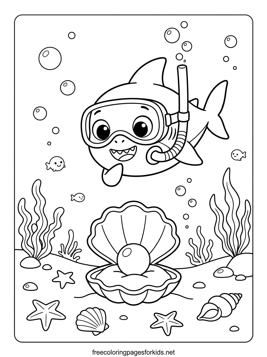 Baby Shark Discovering a Pearl Coloring Page