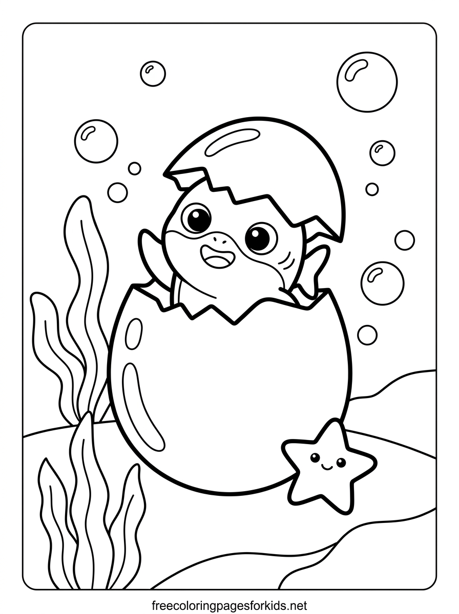 Baby Shark Hatching From an Egg Coloring Page