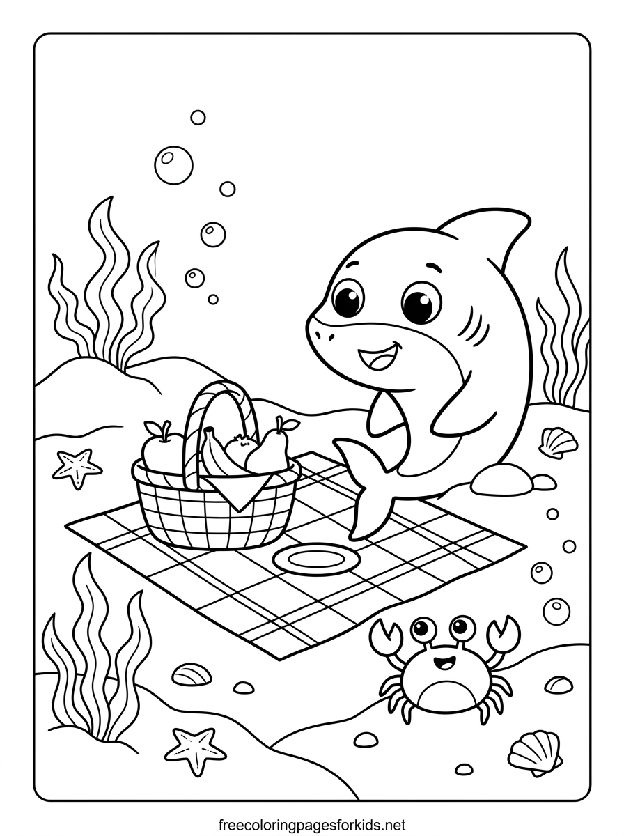 Baby Shark Having a Picnic Coloring Page