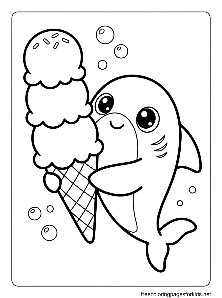 Baby Shark Holding an Ice Cream Coloring Page