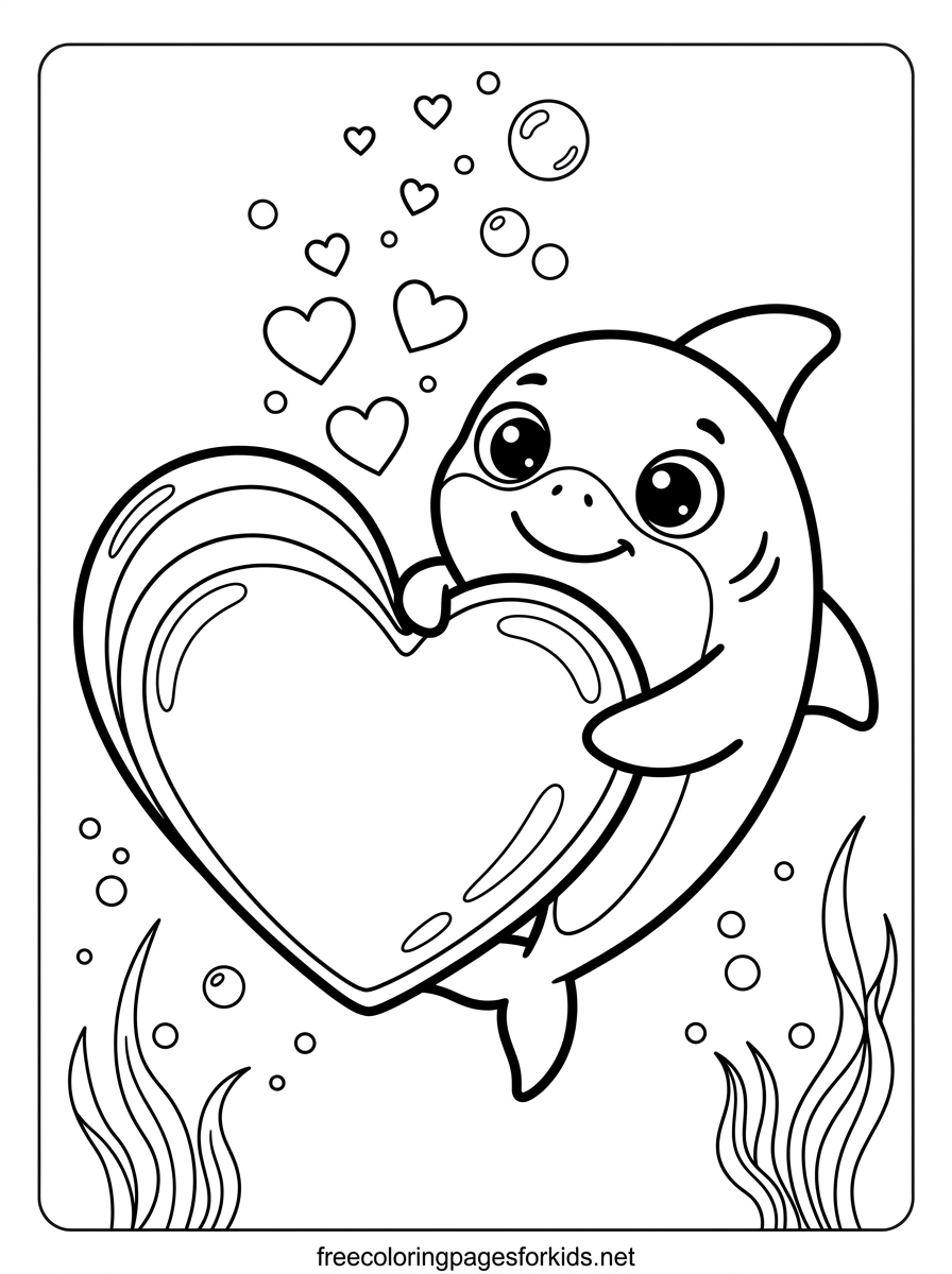 Baby Shark Hugging a Heart Bubble Coloring Page