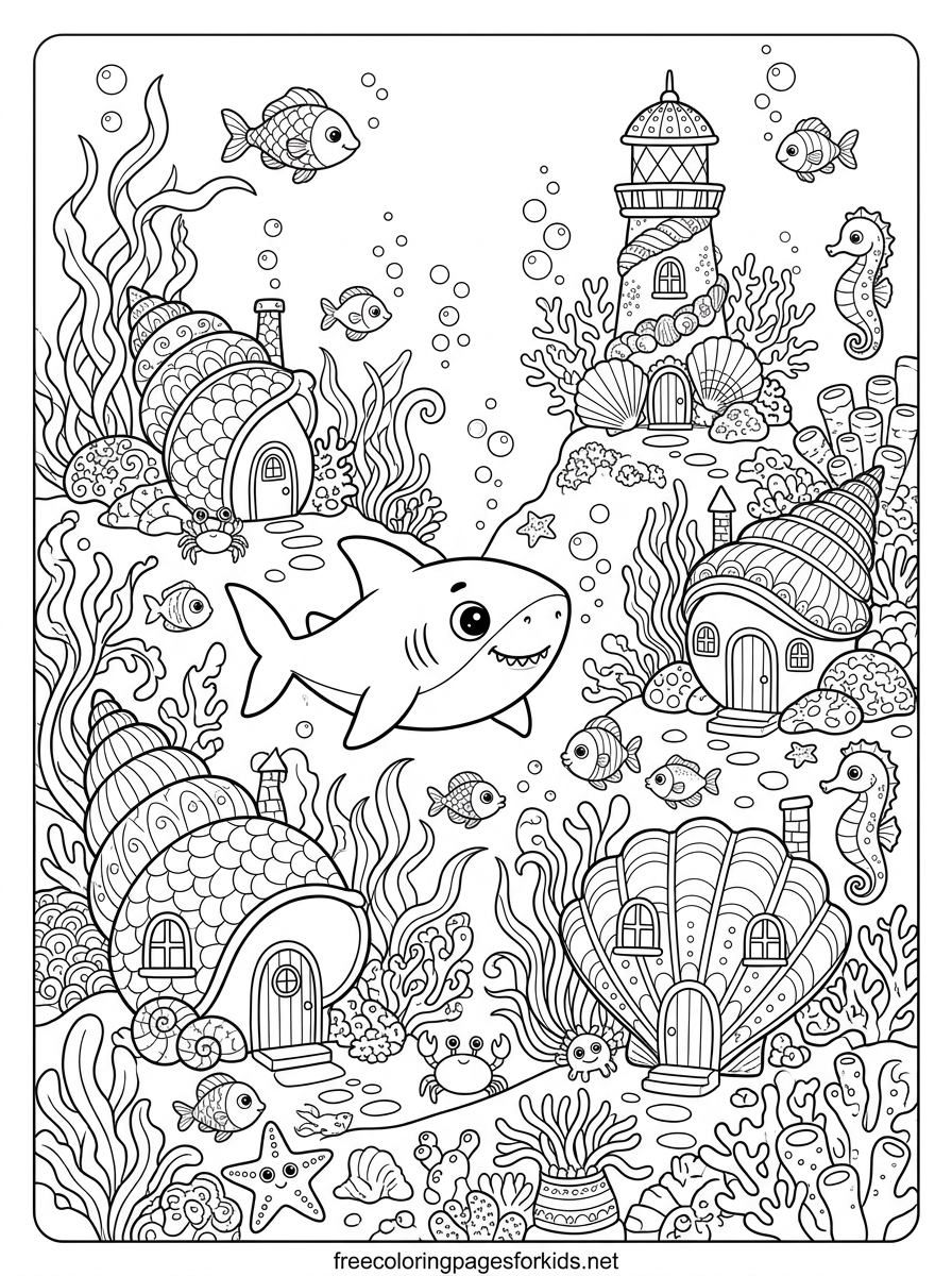 Baby Shark in a Coral City Coloring Page