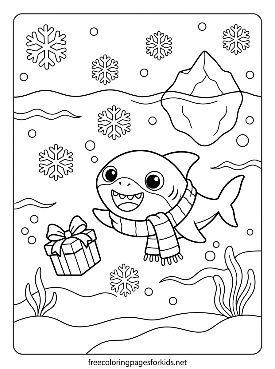 Baby Shark in the Winter Ocean Coloring Page