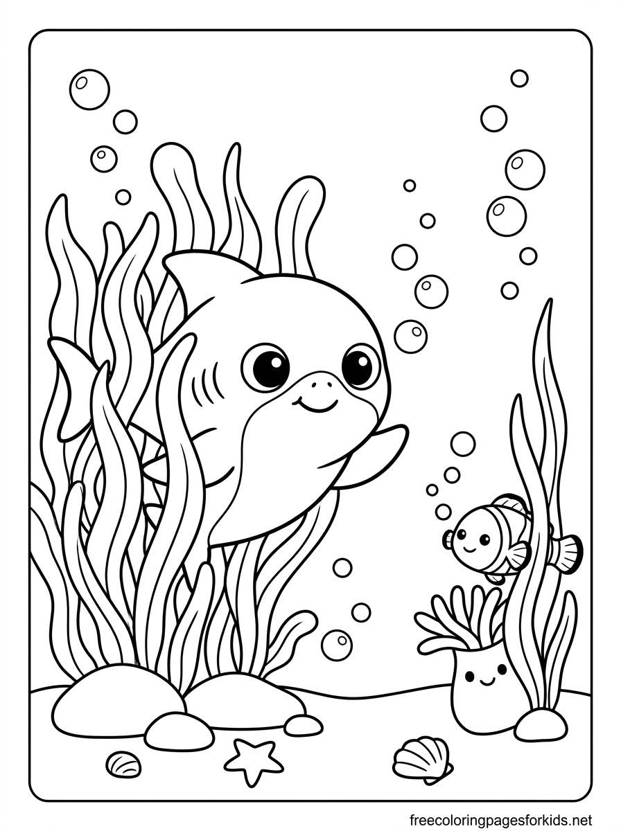 Baby Shark Playing Hide and Seek Coloring Page