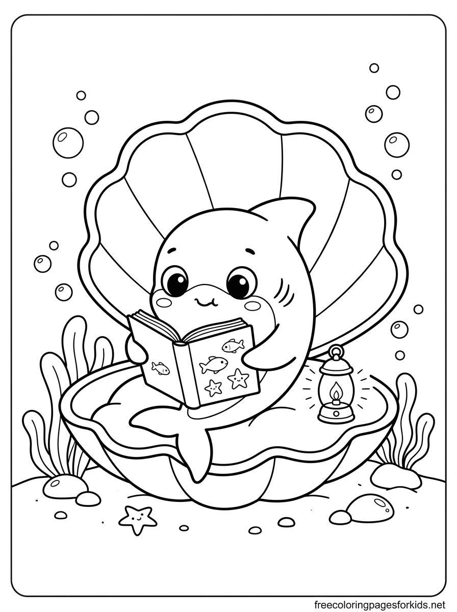 Baby Shark Reading a Book Coloring Page