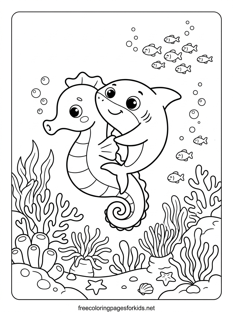 Baby Shark Riding a Seahorse Coloring Page