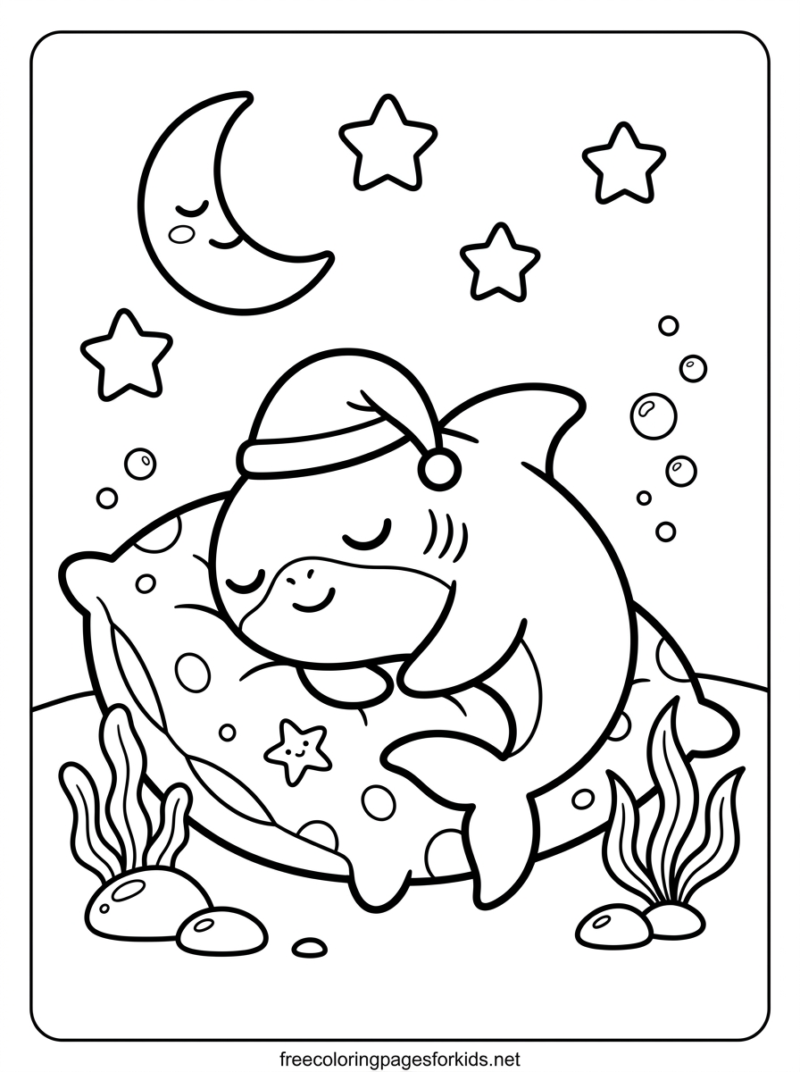 Baby Shark Sleeping on a Pillow Coloring Page