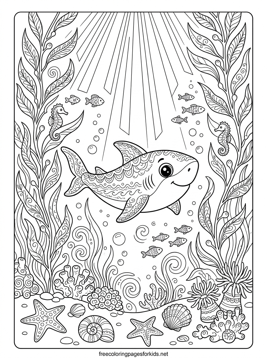 Baby Shark Swimming in the Kelp Forest Coloring Page