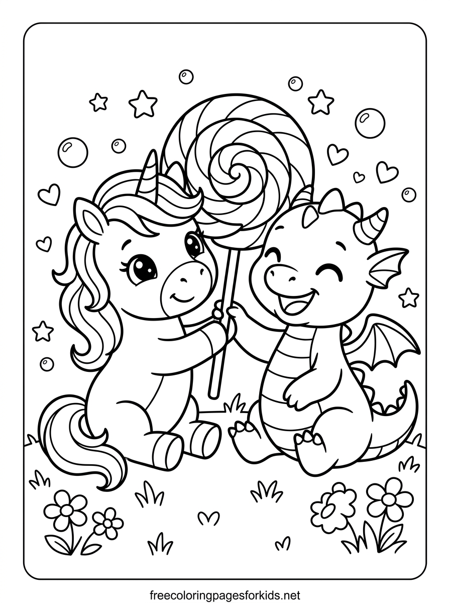 Baby Unicorn and Dragon Sharing a Lollipop Coloring Page