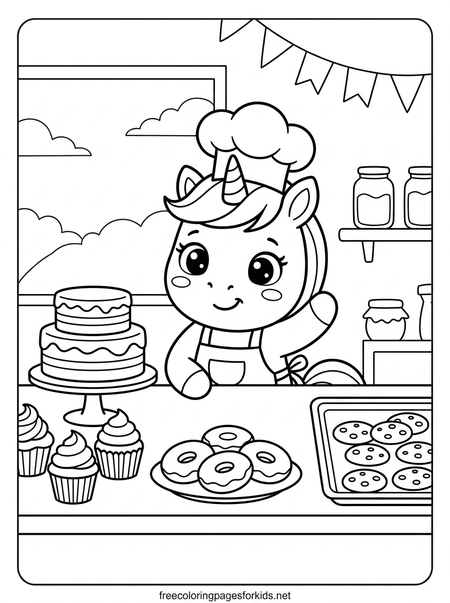 Baby Unicorn Baking in a Bakery Coloring Page