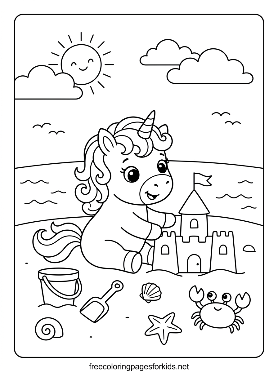 Baby Unicorn Building a Sandcastle Coloring Page