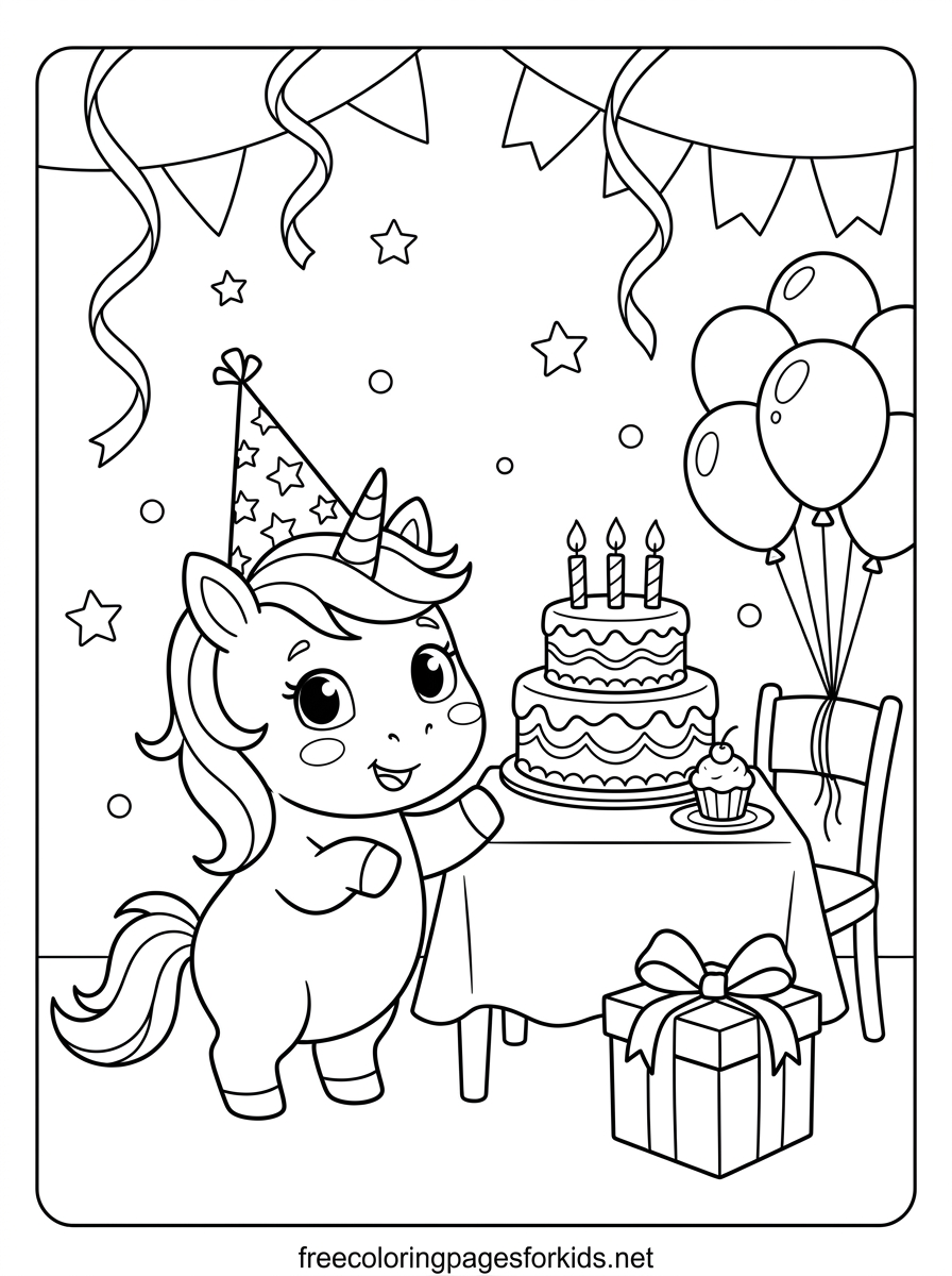 Baby Unicorn Celebrating a Birthday Coloring Page