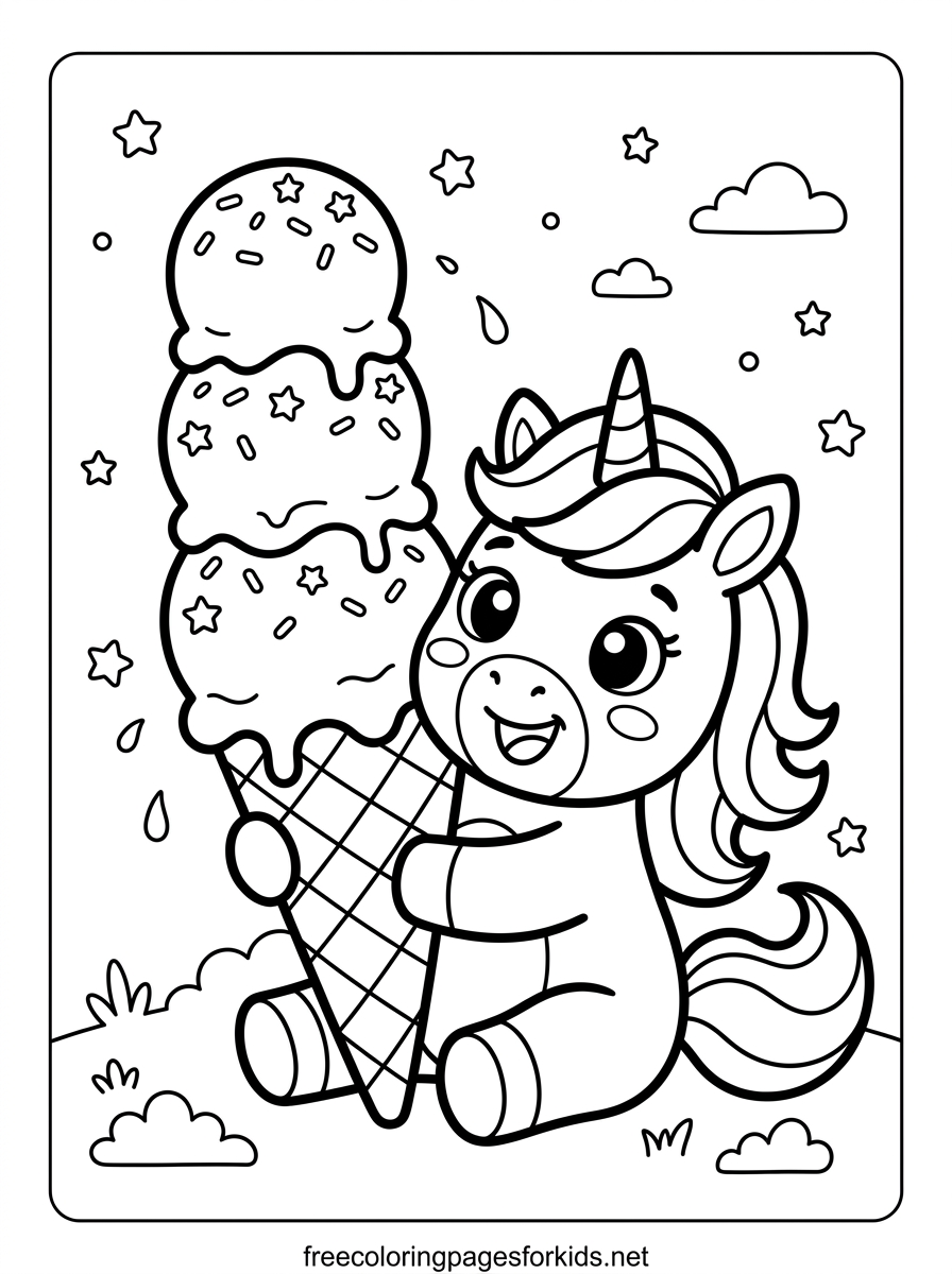 Baby Unicorn Holding an Ice Cream Coloring Page