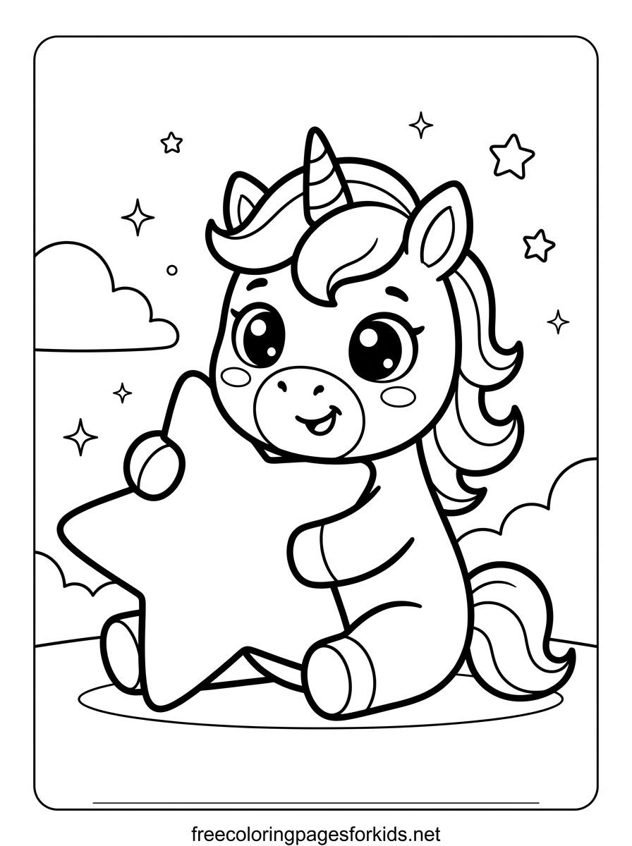 Baby Unicorn Hugging a Star Coloring Page