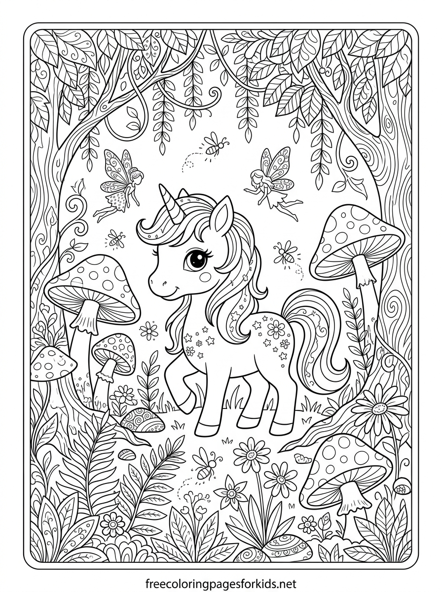 Baby Unicorn in a Magical Forest Coloring Page