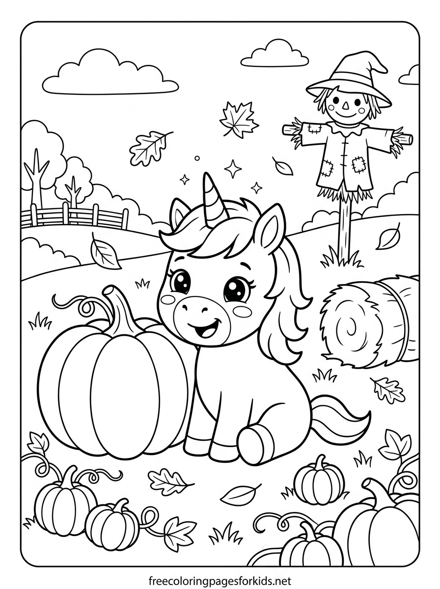 Baby Unicorn in a Pumpkin Patch Coloring Page