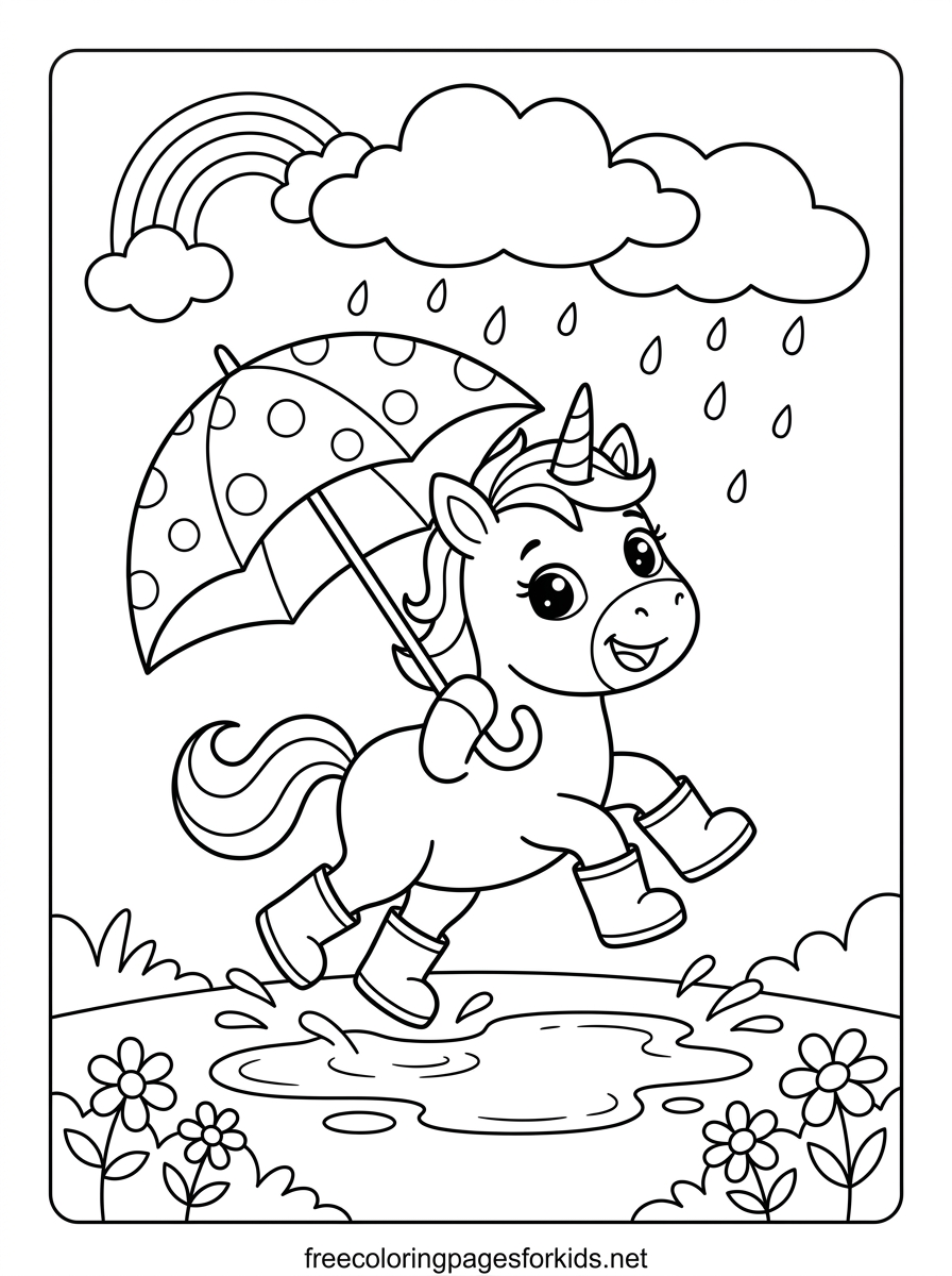 Baby Unicorn Jumping Over a Puddle Coloring Page