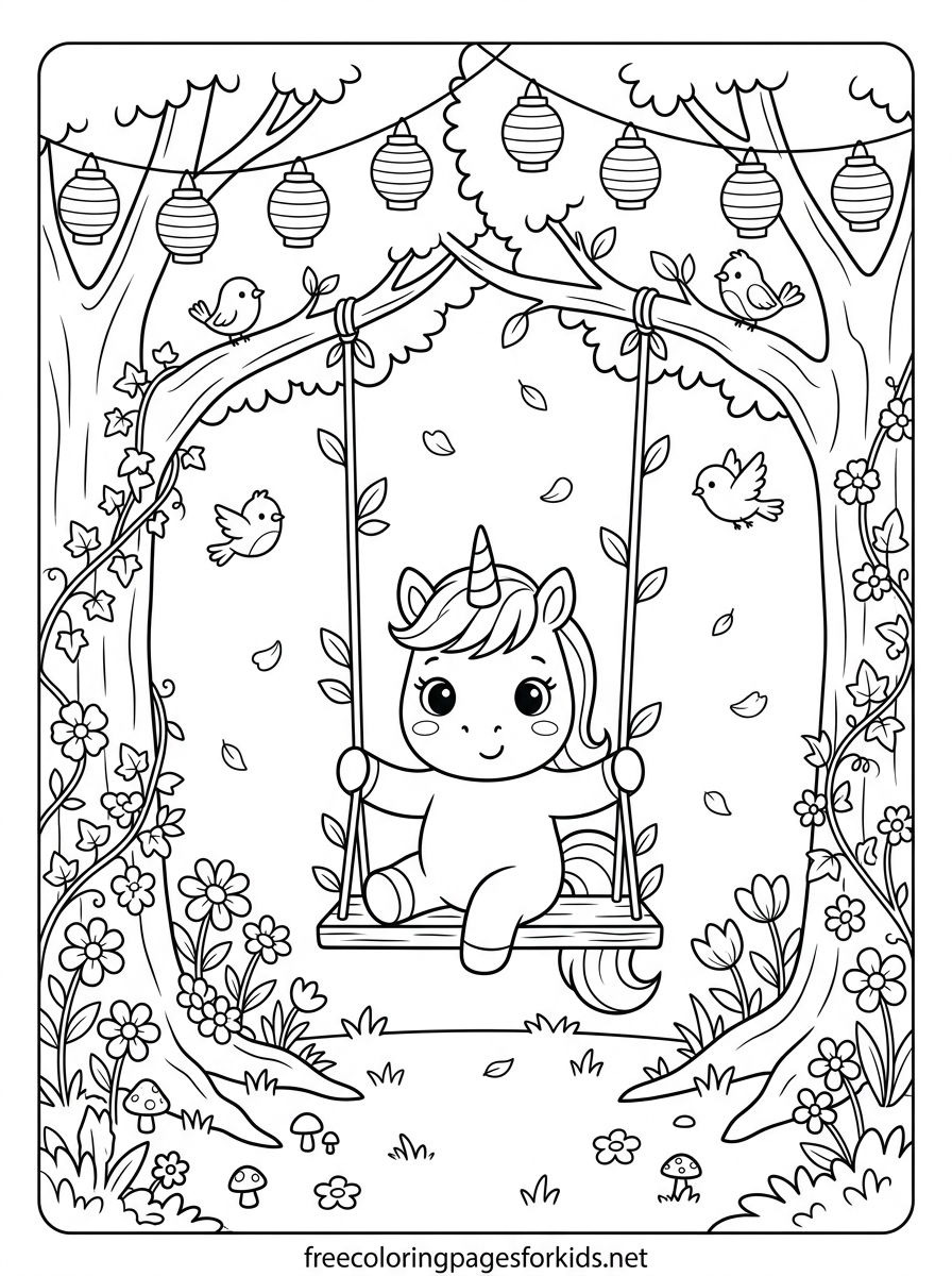 Baby Unicorn on a Swing Coloring Page