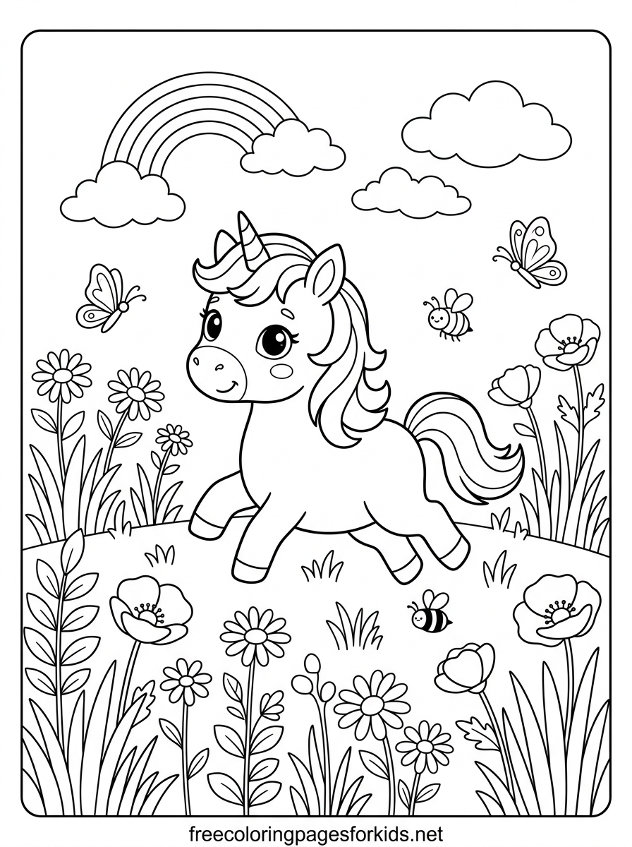 Baby Unicorn Skipping in a Meadow Coloring Page
