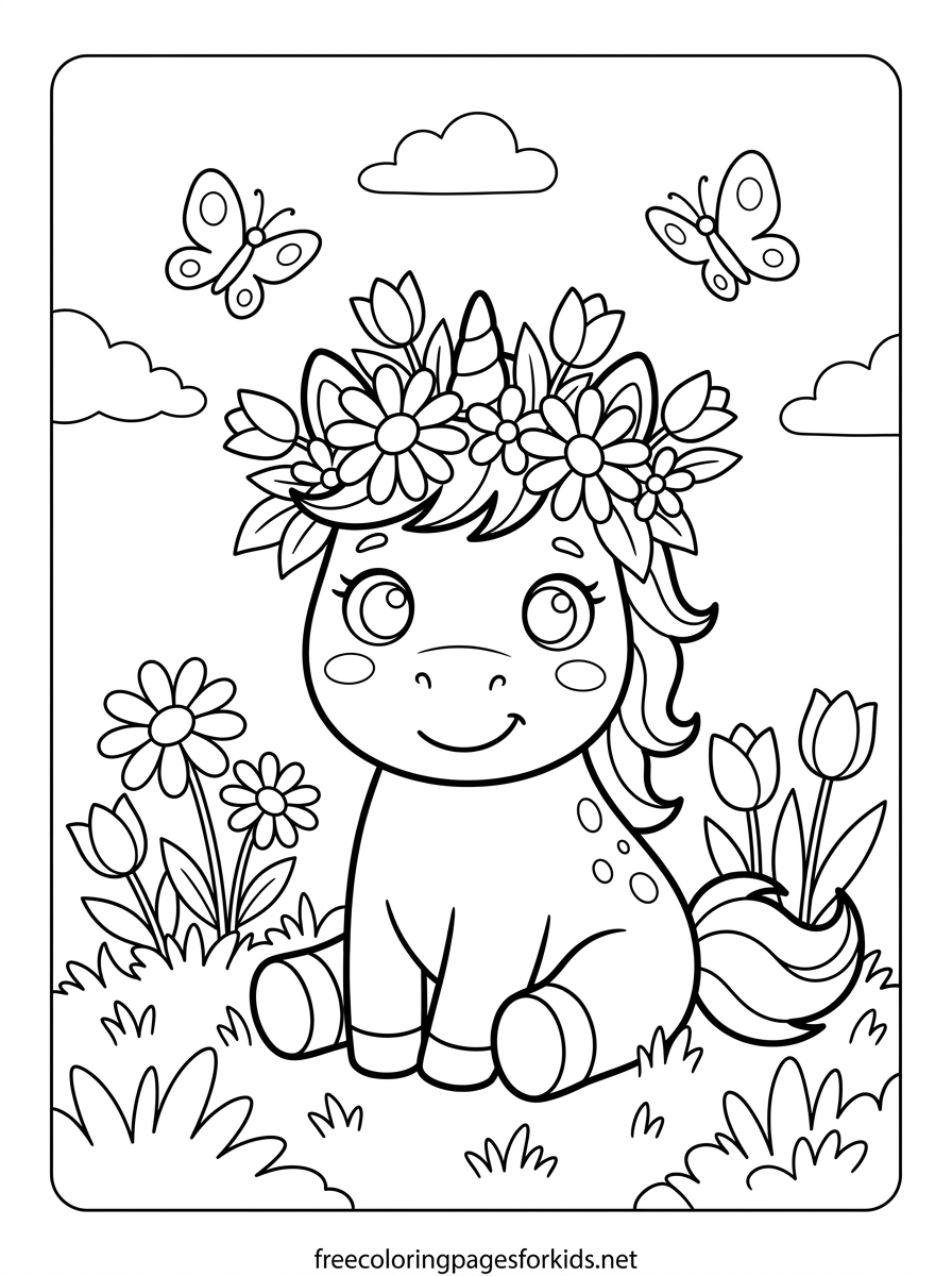 Baby Unicorn Wearing a Flower Crown Coloring Page