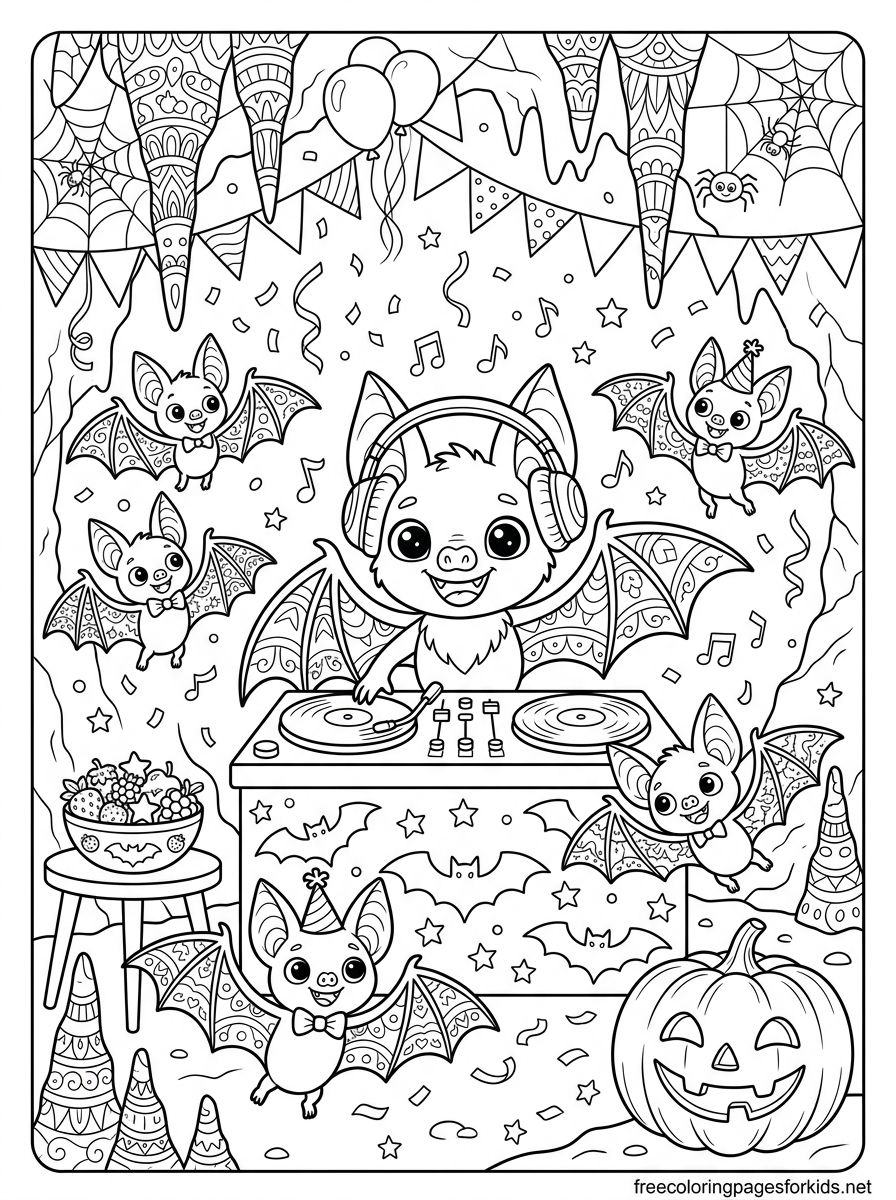 Bat DJ at a Halloween Party Coloring Page
