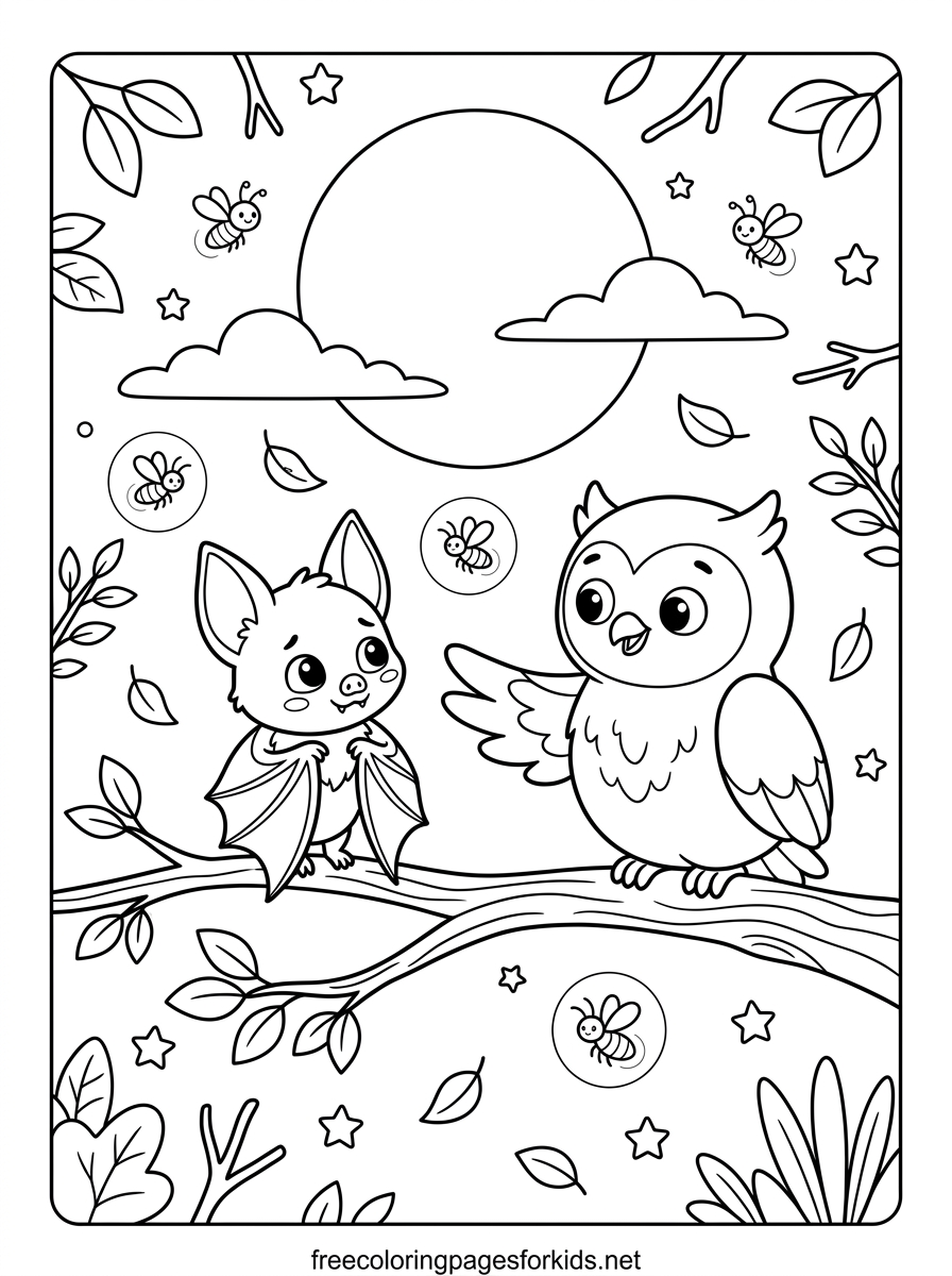 Bat and Owl Meeting Coloring Page