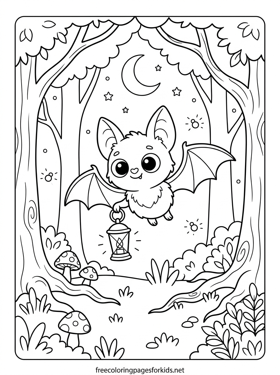 Bat Carrying a Lantern in the Forest Coloring Page