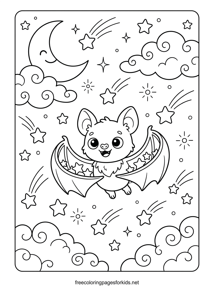 Bat Catching Falling Stars Coloring Page