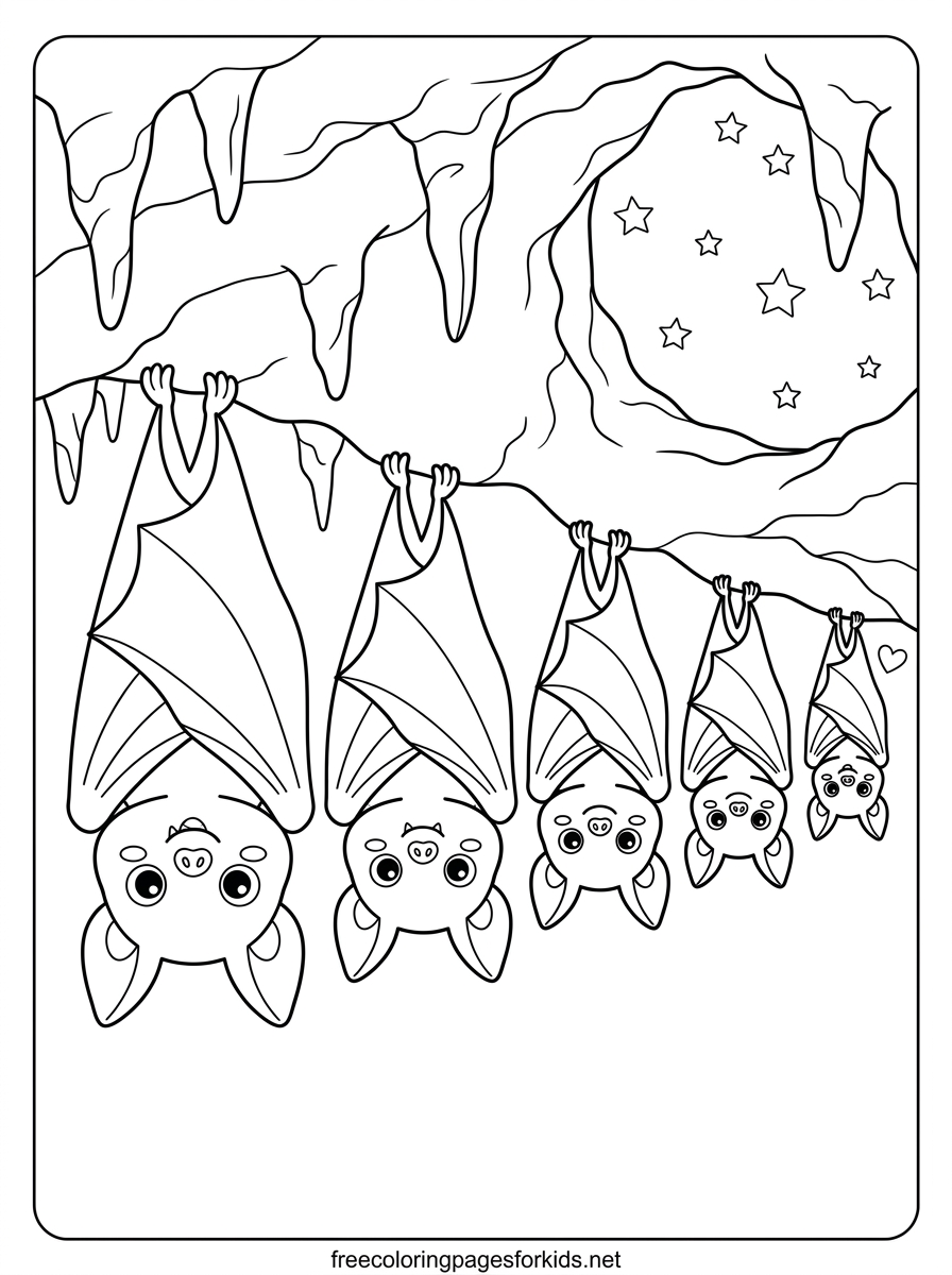 Bat Family Hanging in a Cave Coloring Page