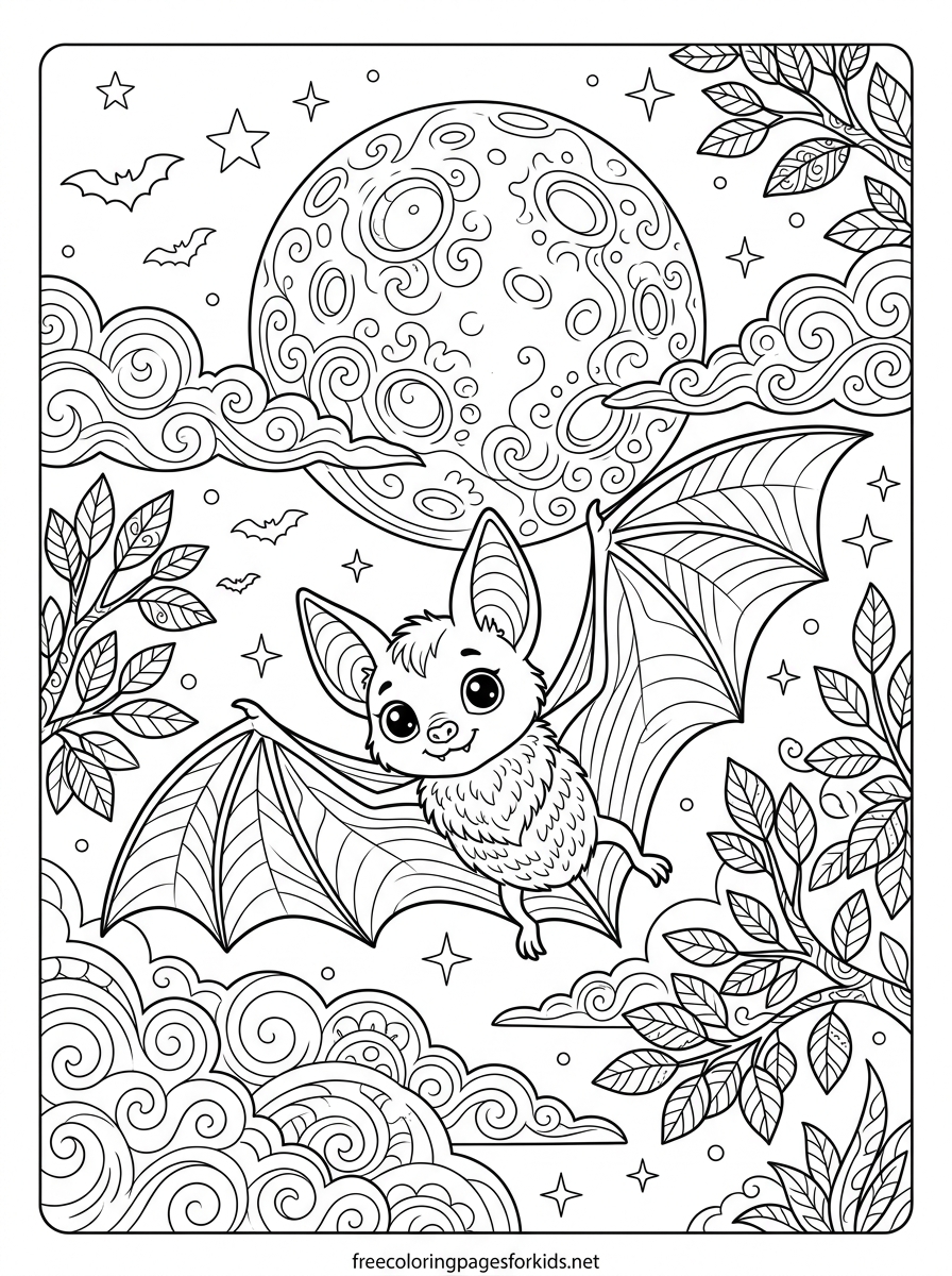 Bat Flying Near the Full Moon Coloring Page